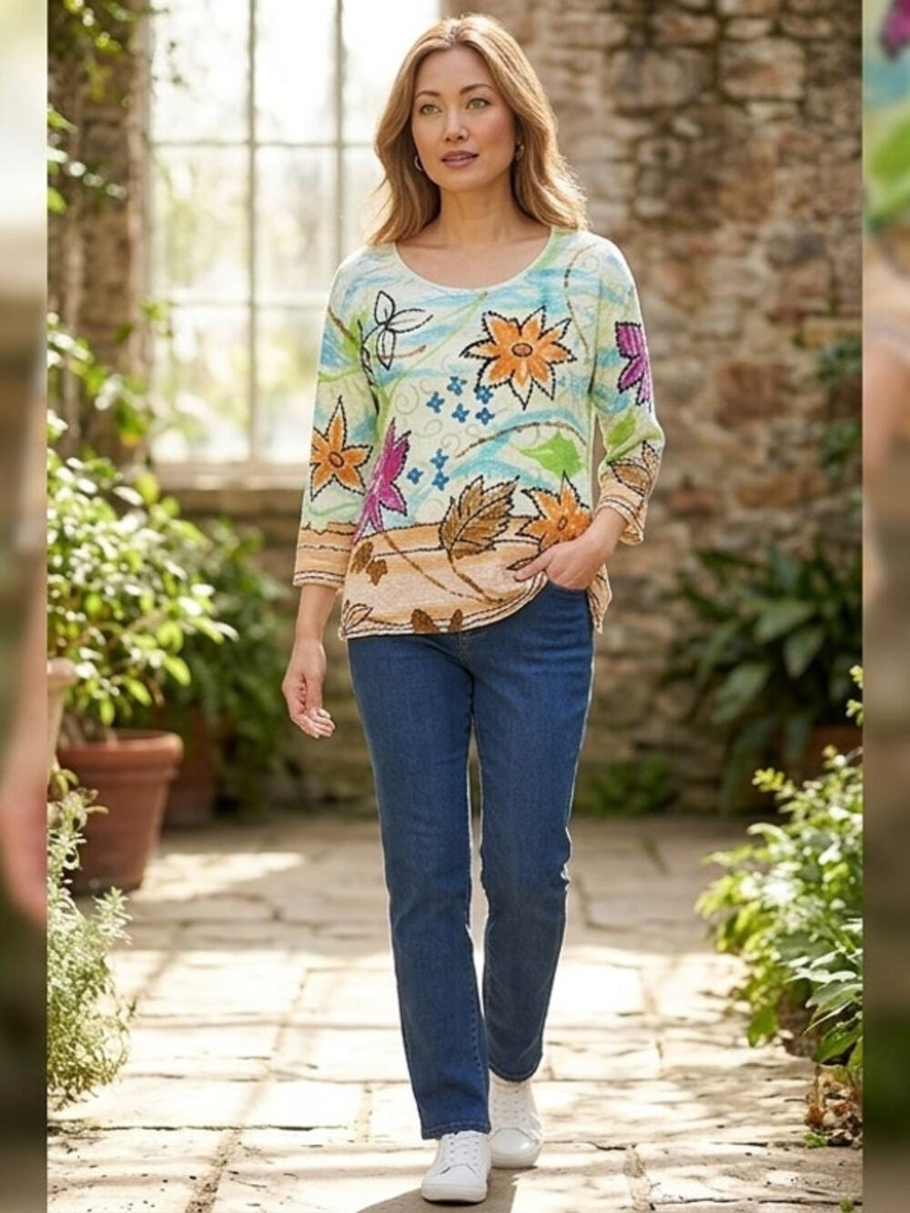 Life Style Multicolor Graphic Pullover Top Women Size M